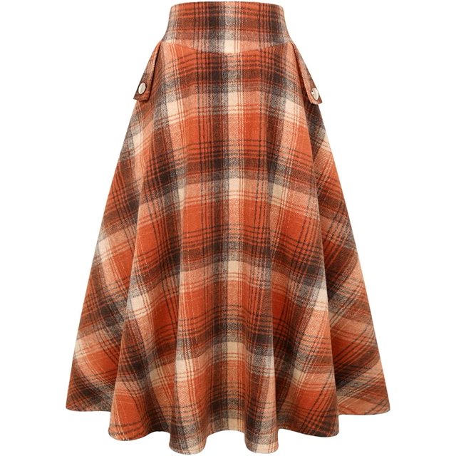 Falda larga de otoño e invierno a cuadros de cintura alta para mujer naranja (Plaid Orange) 2XL naranja (Plaid Orange) 2XL Xishao ropa