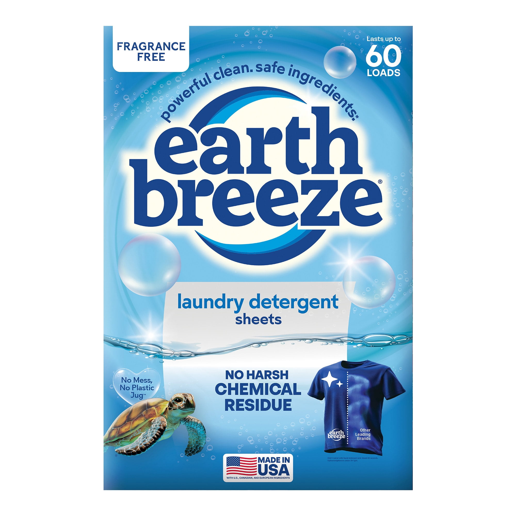 (8 pack) Earth Breeze Hypoallergenic Fragrance-Free Laundry Detergent Sheets, 60 Loads