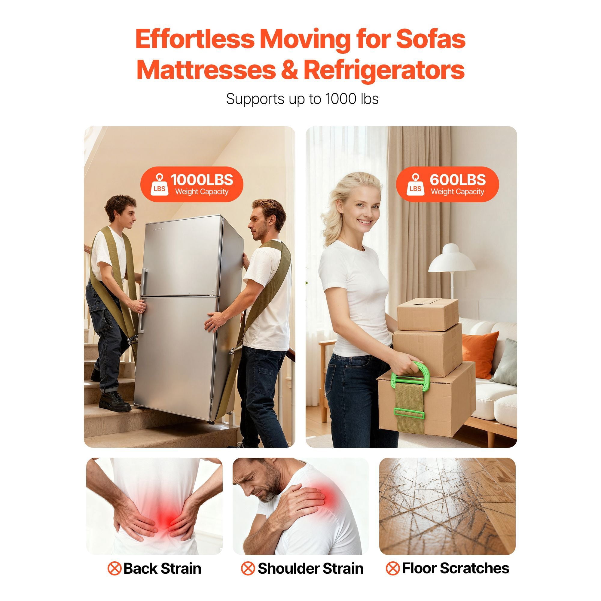 Furniture Moving Strap 1000 lbs Capacity with 3-Inch Shoulder 5-Inch Arm 4.25-Inch Handheld for Moving Appliances
