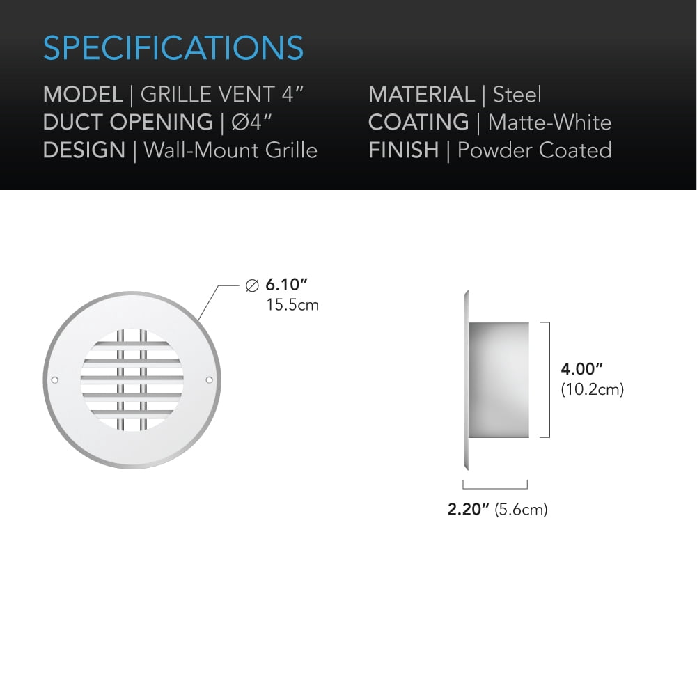 AC Infinity Wall-Mount Duct Grille Vent for 4-Inch Ducting, White Metal, Heating Cooling Ventilation and Exhaust