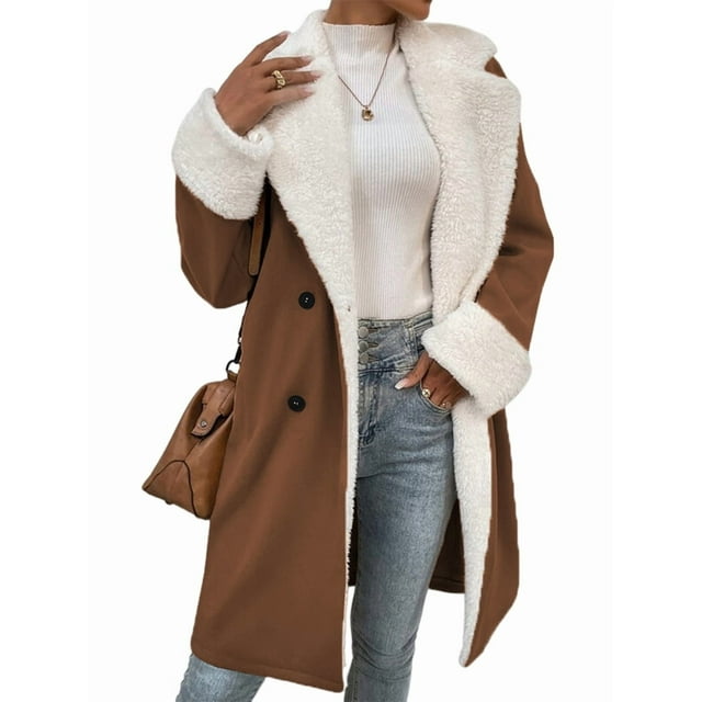Abrigos de Invierno de Larga con Solapa Forrada para Mujer, Chaqueta Larga y Cálida con Doble Botonadura, Abrigo de Felpa. Marrón Oscuro S