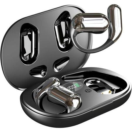 Open Ear Bluetooth 5.4 Headphones Wireless Bone Conduction Earbuds Built-in Mic Sport Over Earphones with Comfort Ear Hooks LED Display Charging Case Waterproof IPX7 Design for Running Fitness Black