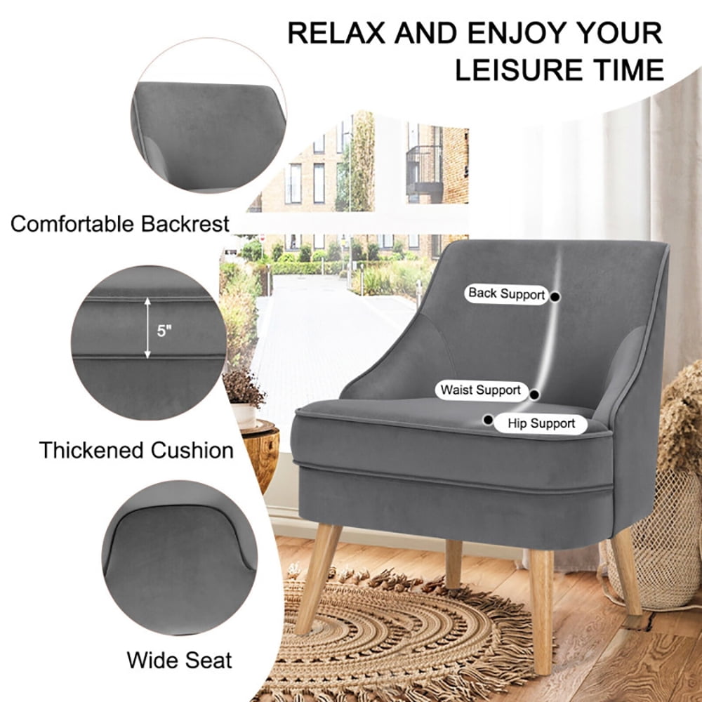 Finihen Velvet Accent Chair, Mid Century Velvet Accent Chair with Rubber Wood Legs, Thickly Padded, for Living Room, Bedroom, Gray