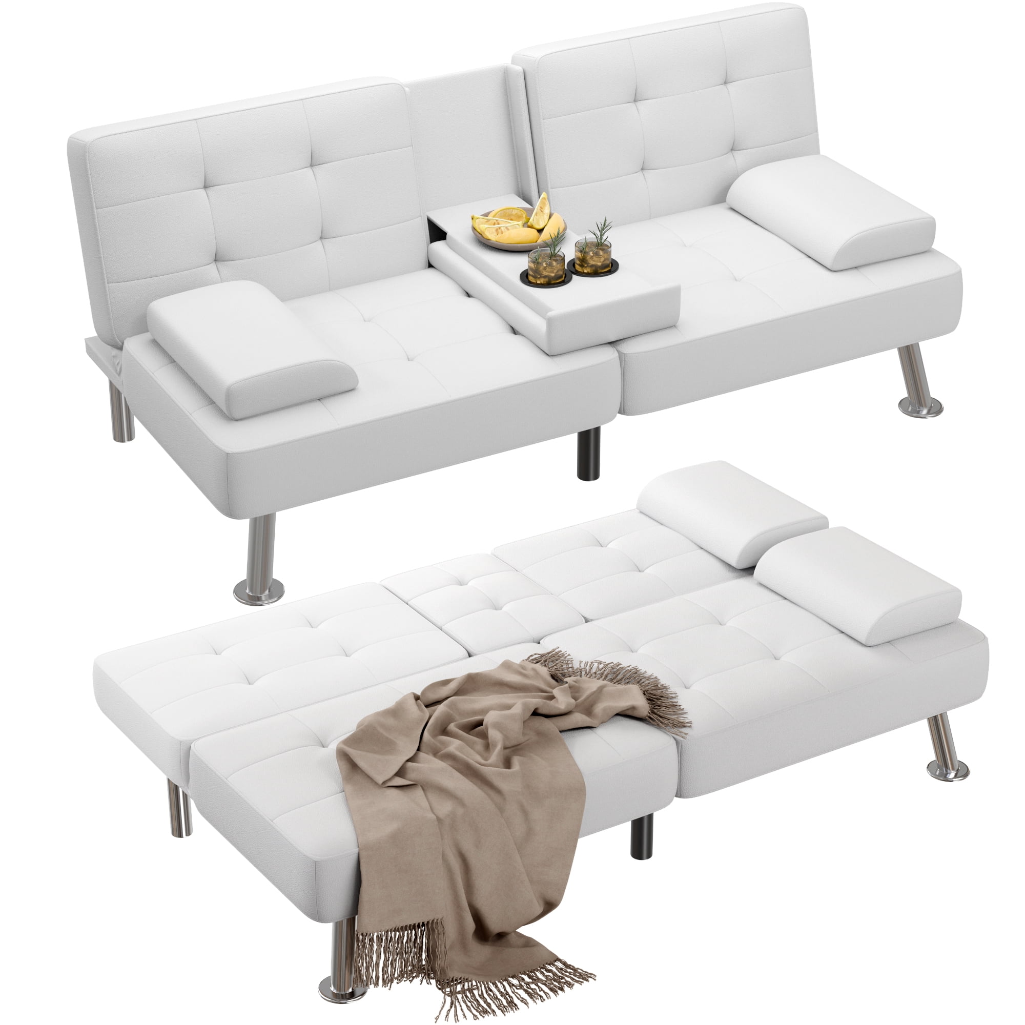 Vineego Futon Sofa Bed Folding Leather Modern Couch with 2 Cup Holders,Removable Armrests,White