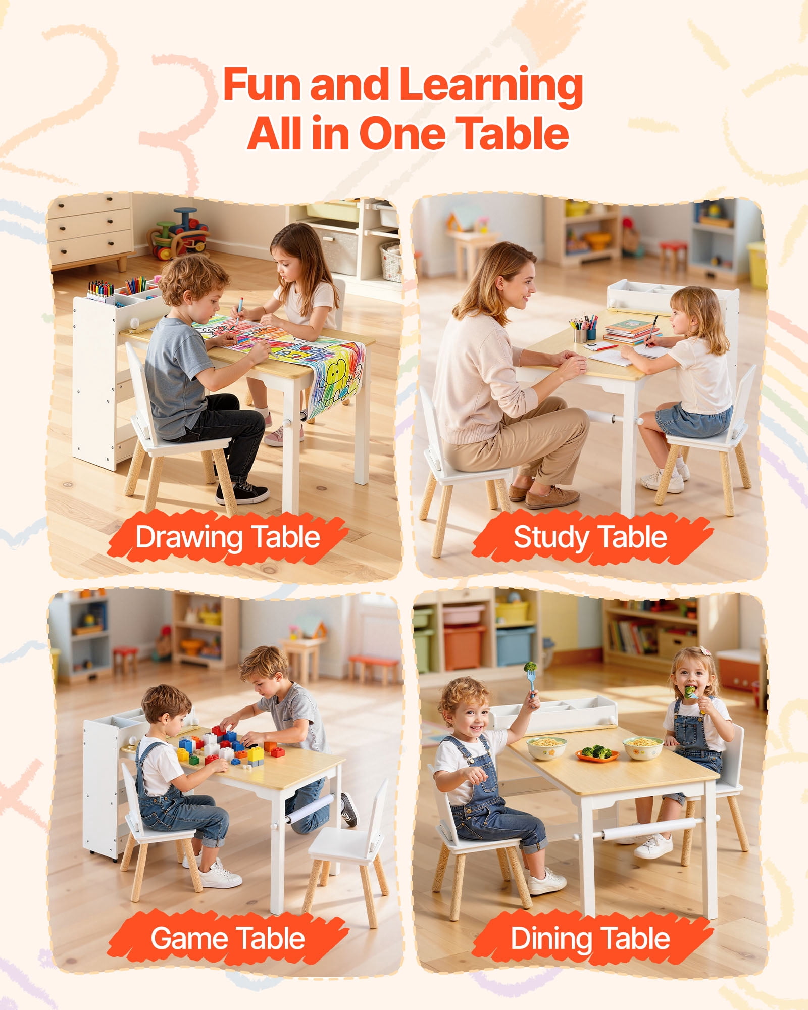 VEVOR Kids Art Table and Chair Set, Toddler Craft Table with 3 Tiers Storage Cabinet, Wooden Kids Activity Play Desk with 2 Chairs, Art Craft Play Desk for Reading, Learning, Drawing, Writing, White