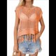 thumbnail image 3 of Top Corto de de Ganchillo con Borlas para Mujer, Sexy, de Corta, de Rejilla Transparente. Naranja y Rojo XL, 3 of 8