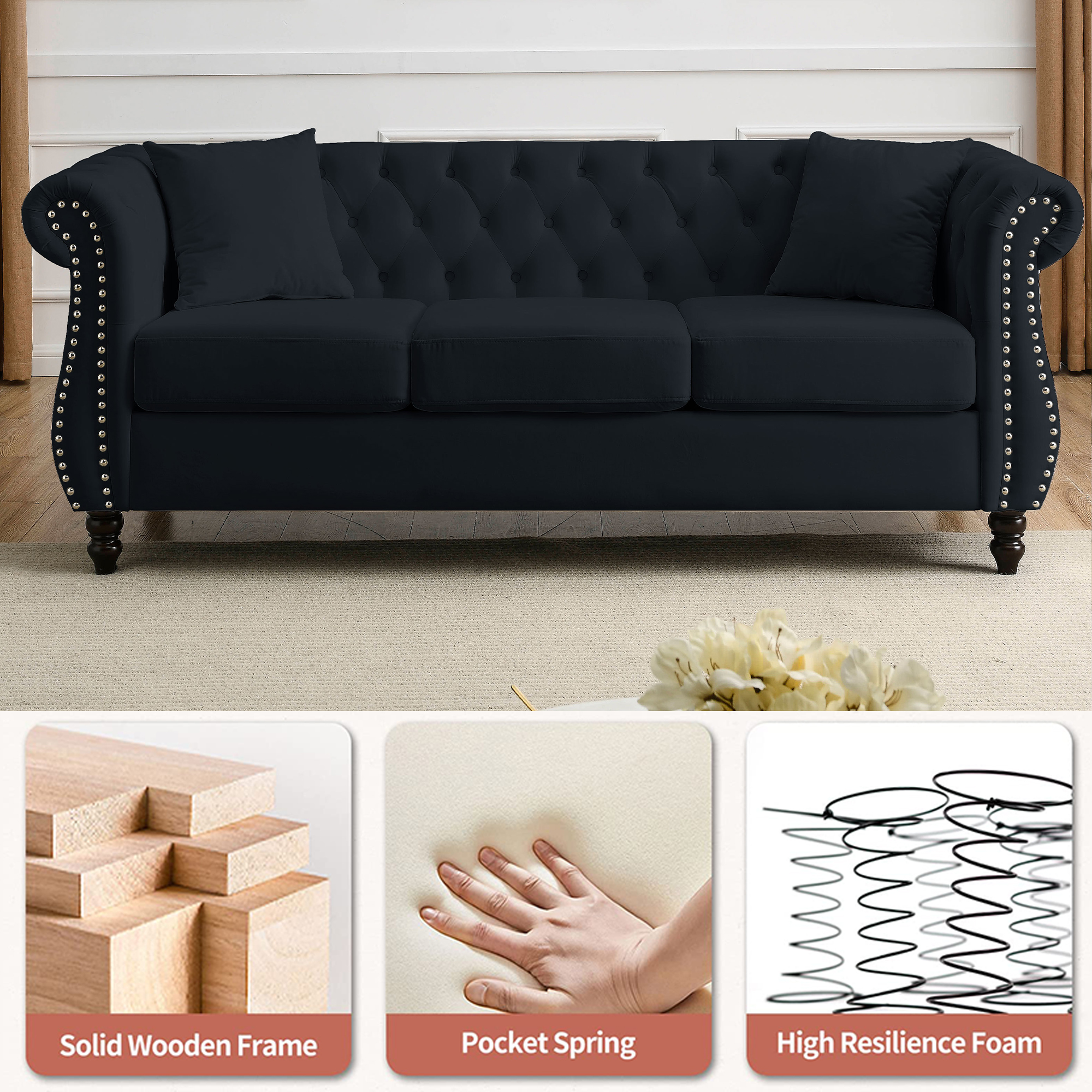 Mid-Century 80"L Couch, 3-Seat Couches and Sofas, Upholstered Sofa with Thicked Cushions, Modern Sofa with Wood Legs, Heavy Duty Couch Furniture for Home Living Room, 80"L x 29"W x 30"H, Black