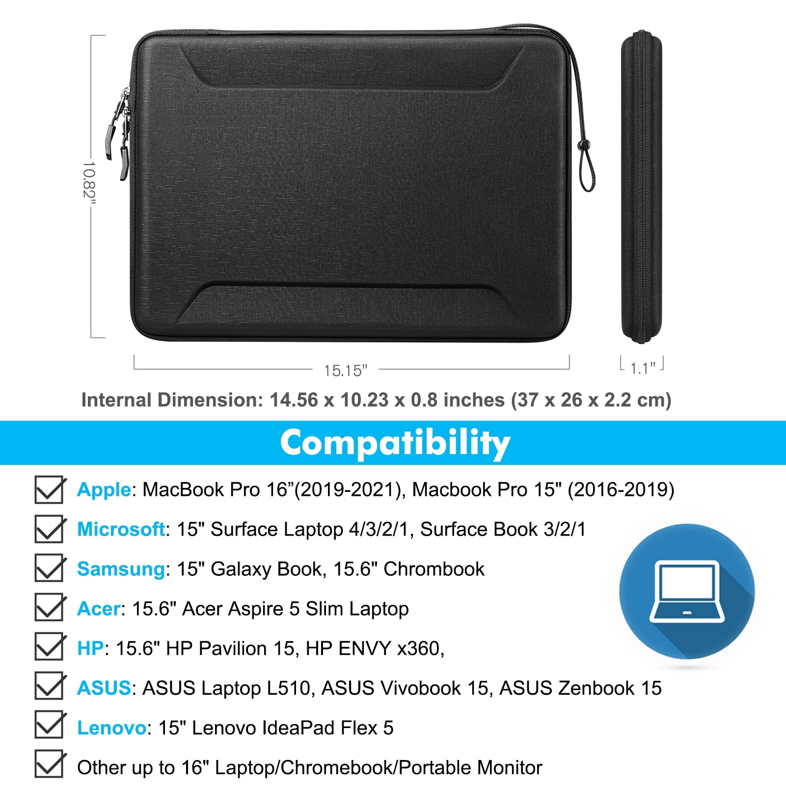 Fintie Laptop Sleeve Case for MacBook Pro 16 A2780 A2485 A2141, MacBook Air/Pro 15 - Shockproof EVA Sleeve for Up to 15.6" Laptops, Black