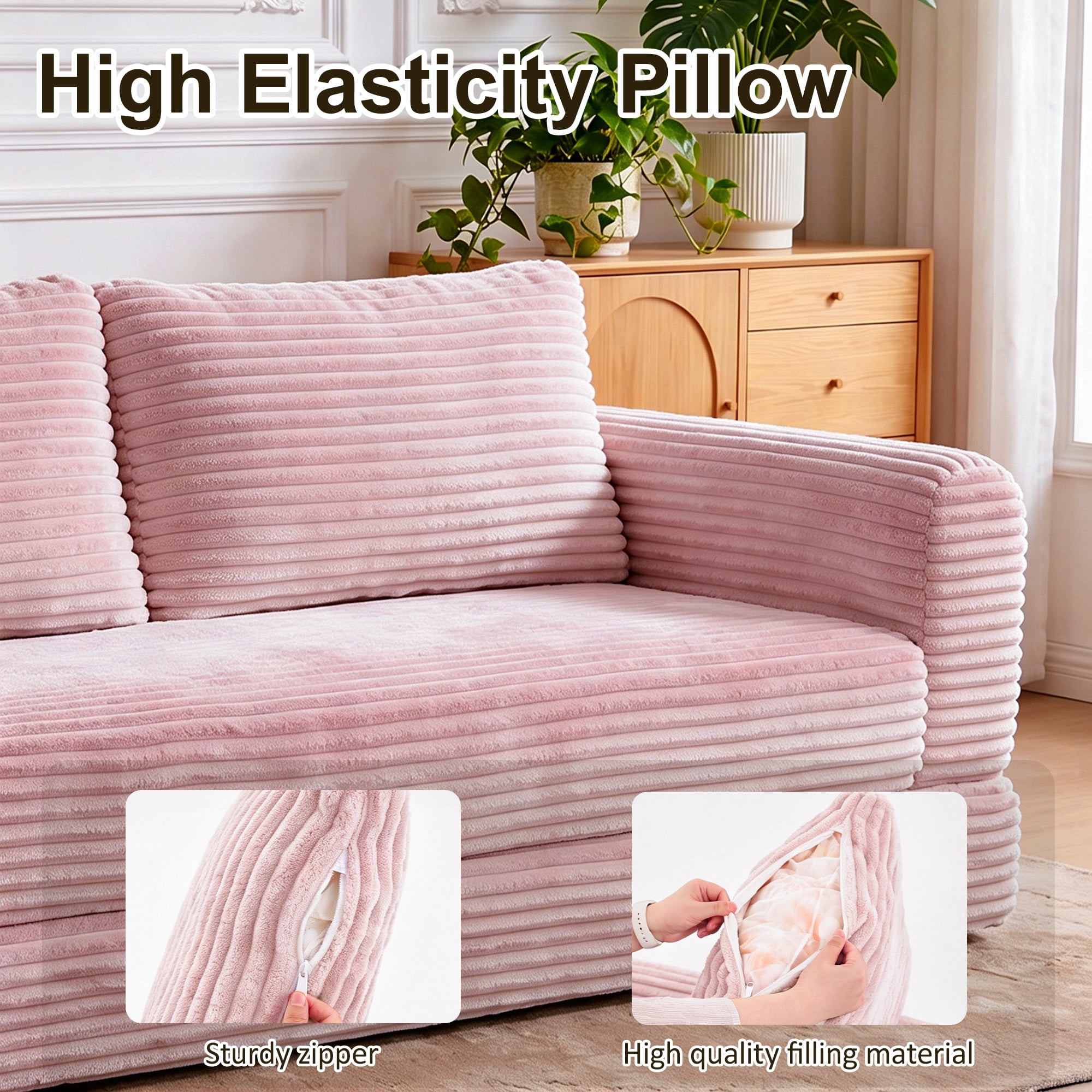 55" Convertible Futon Sofa Bed,Folding Boneless Couch with Sleeper Sofa,Fold Out Floor Sofa with Deep Seat,Cloud Corduroy Foldable Mattress Couch for Living Room,Pink