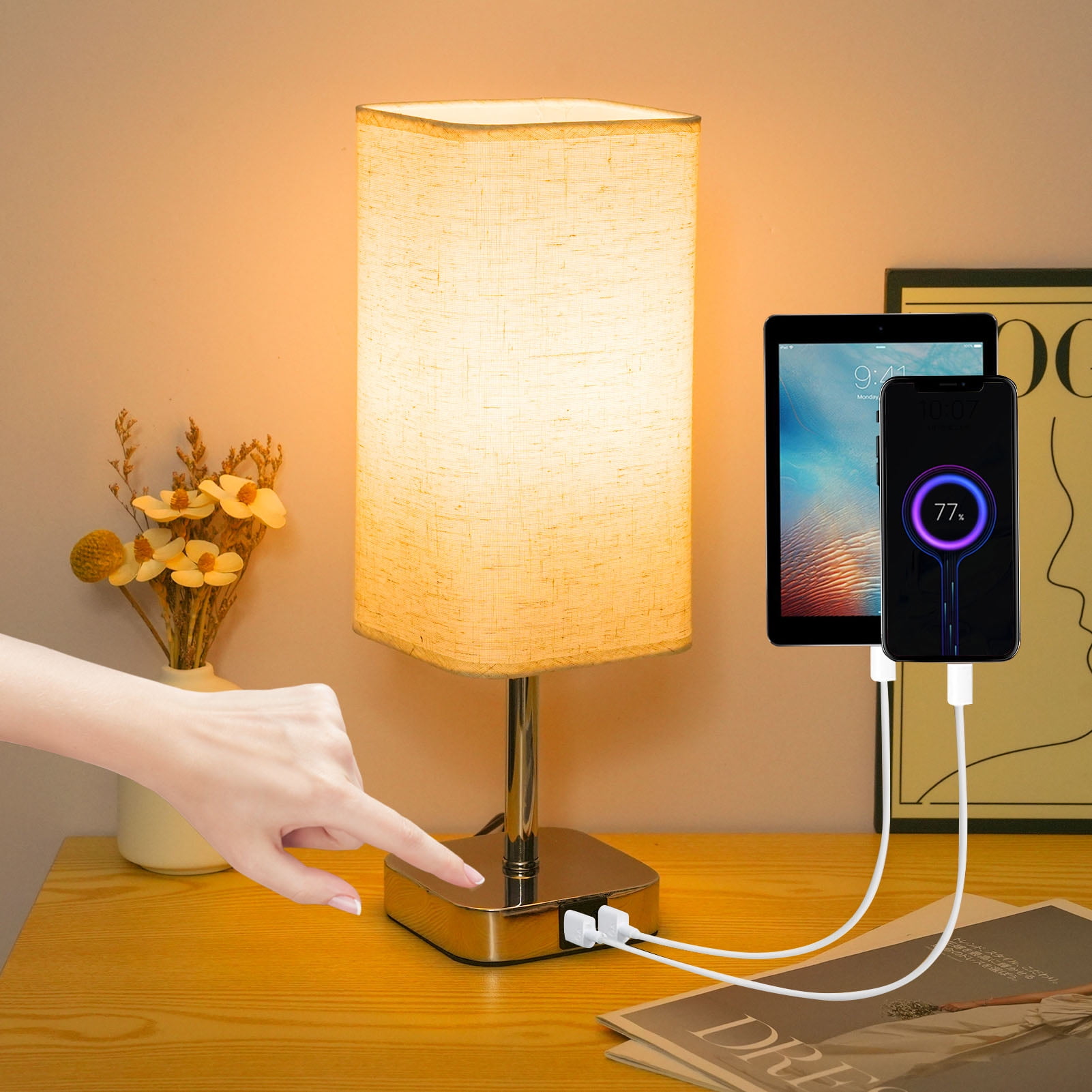 2 Pack Bedside Table Lamp, Touch Control Nightstand Lamp with USB A+C Charging Ports, 3-Way Dimmable lamps with Linen Fabric Shade for Bedroom Living Room