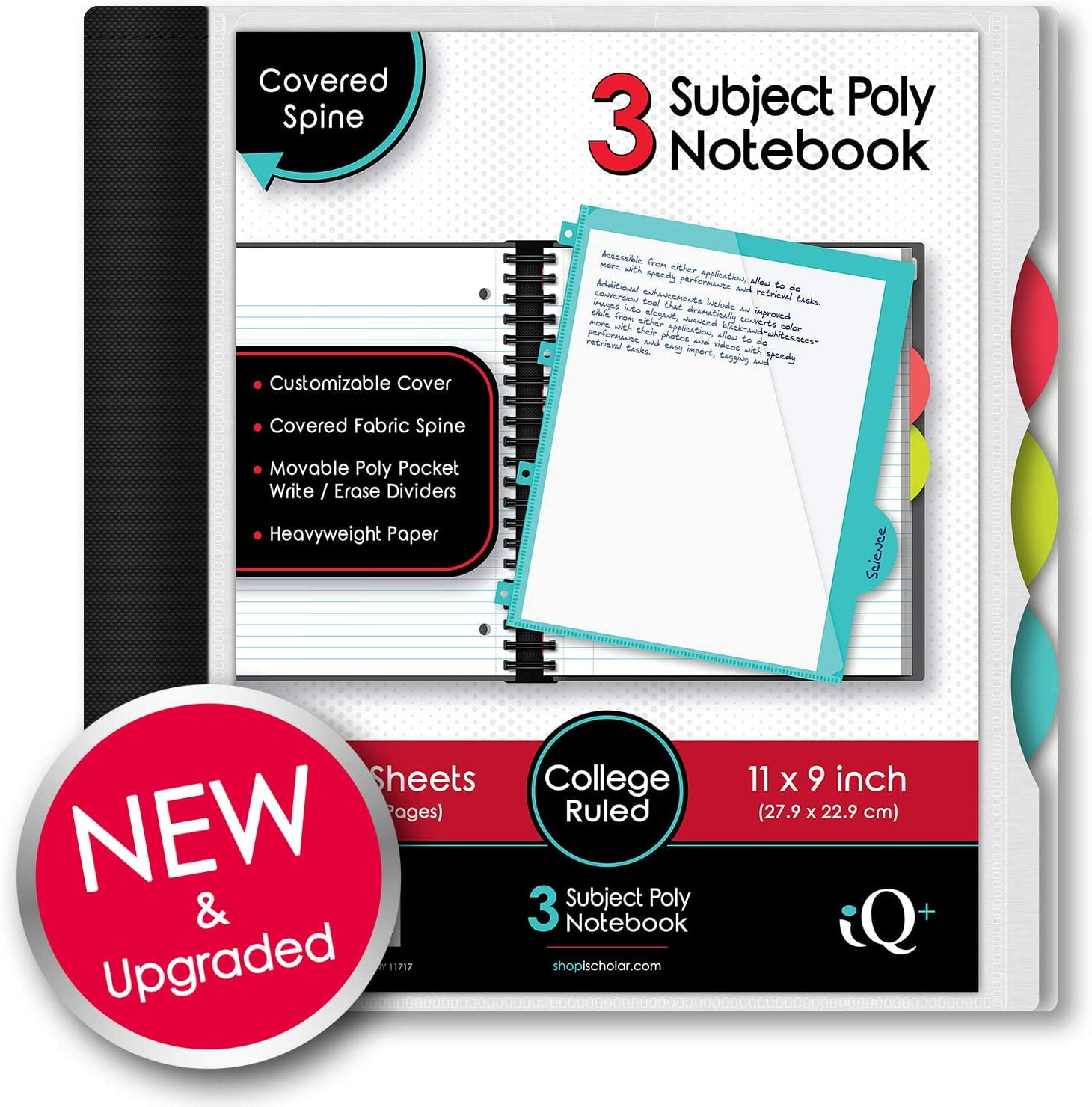 iScholar iQ+ 3Subject Poly Cover Wirebound Notebook, College Ruled, 11