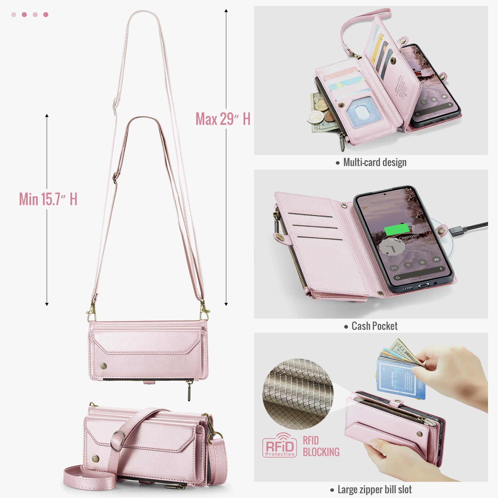 for Google Pixel 7a Full Body Protection Wallet Folio Flip Case, Shoulder Strap & Wristlet Card Slots Zipper Pocket RFID Blocking Rugged Durable PU Leather Phone Case Cover, Pink