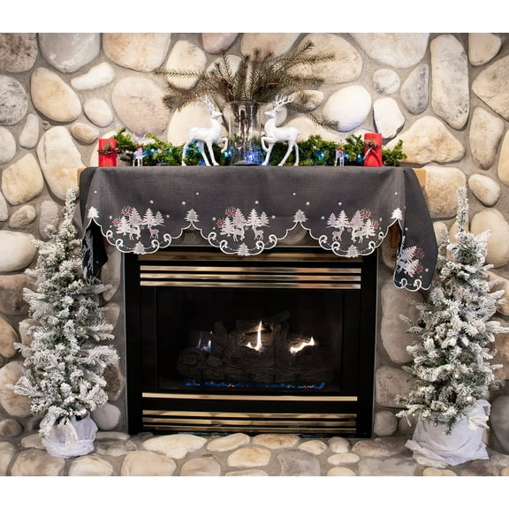 Embroidered Silver Reindeer on Dark Grey Mantel Scarf (18" x 88")