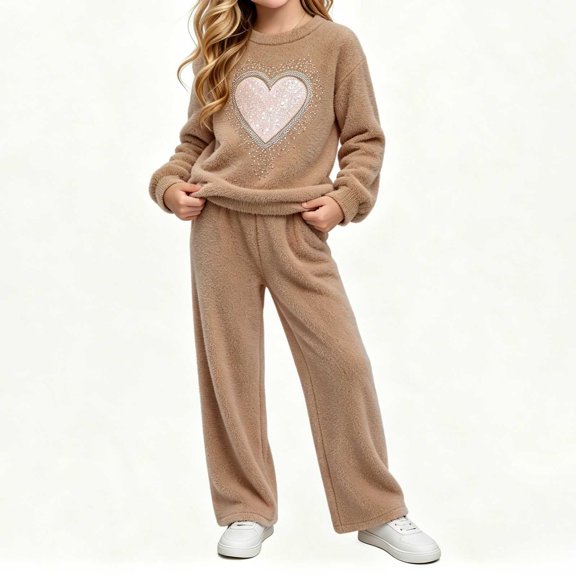 LvhaoGJOB Little Kids Girls Sweatshirt and Pants Outfit Set, Brown - teddy fleece