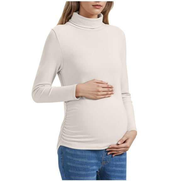 Diufon Maternity Long Sleeve Shirts Mock Neck Pregnancy Pullover Tops Lightweight Side Ruched Basic Blouse