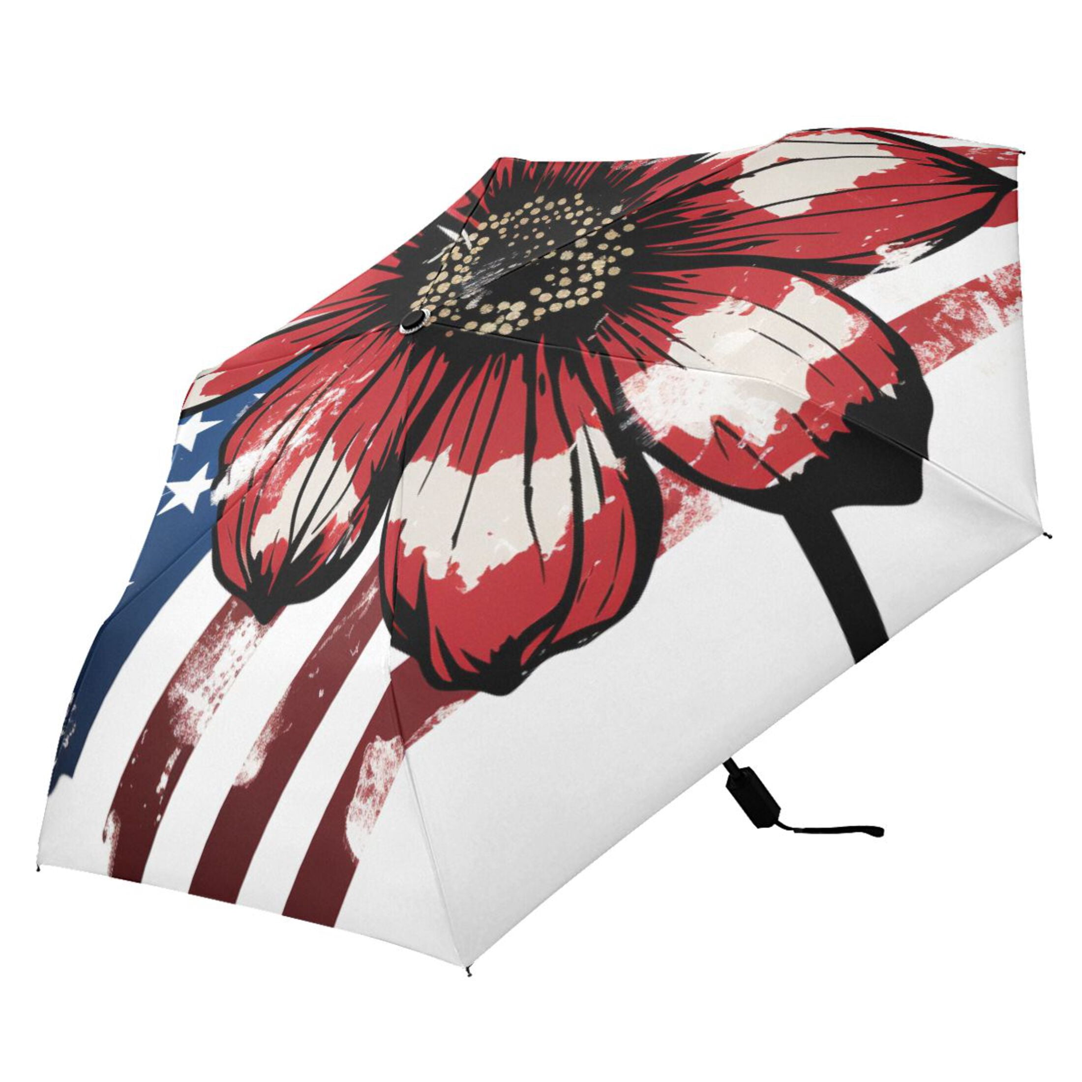 American Flag and Flower Compact Sun Umbrella Windproof Travel Umbrellas for Rain Strong Portable UV Protection