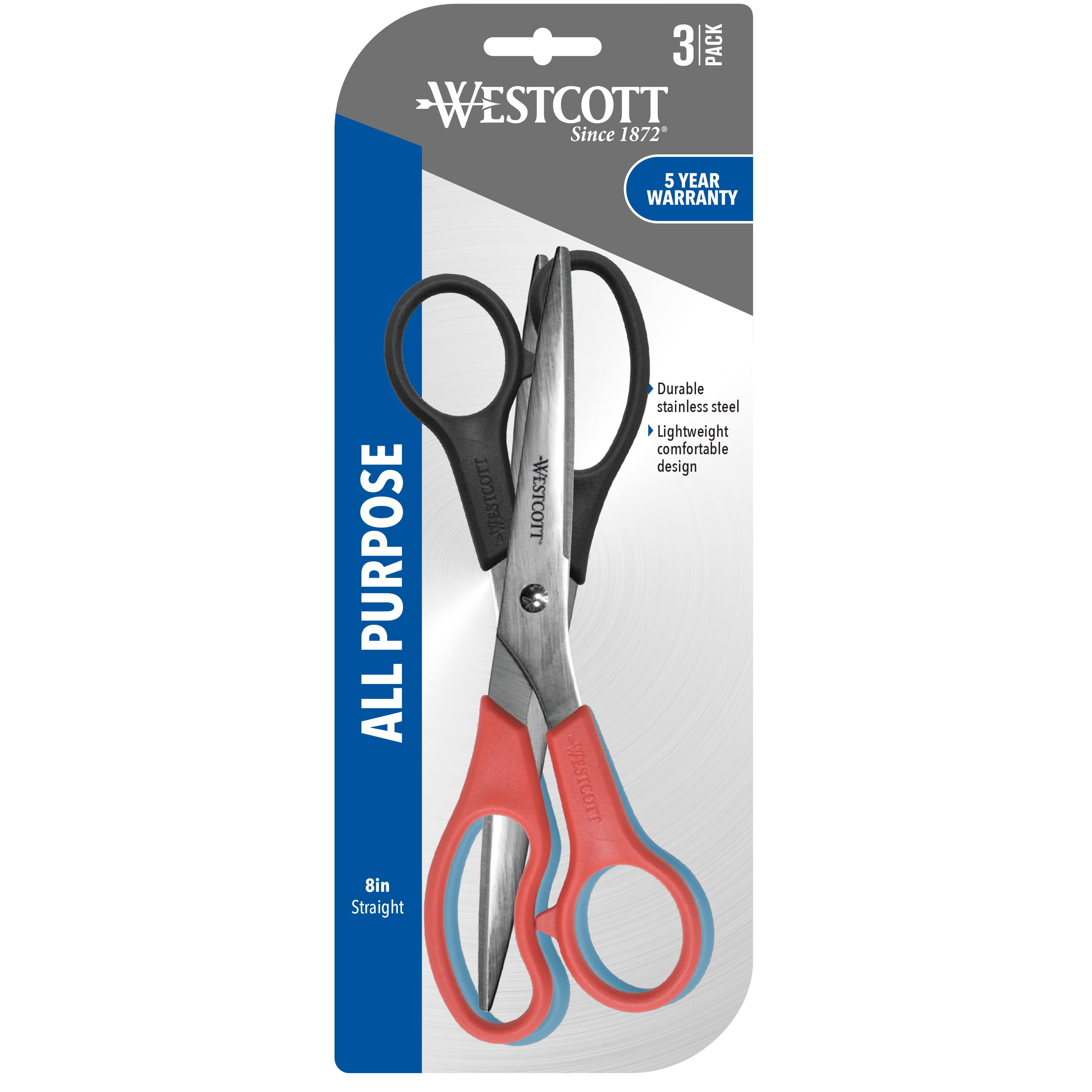Westcott All Purpose Straight Scissors, 8", High School, Assorted Colors, for Office, 3-Pack