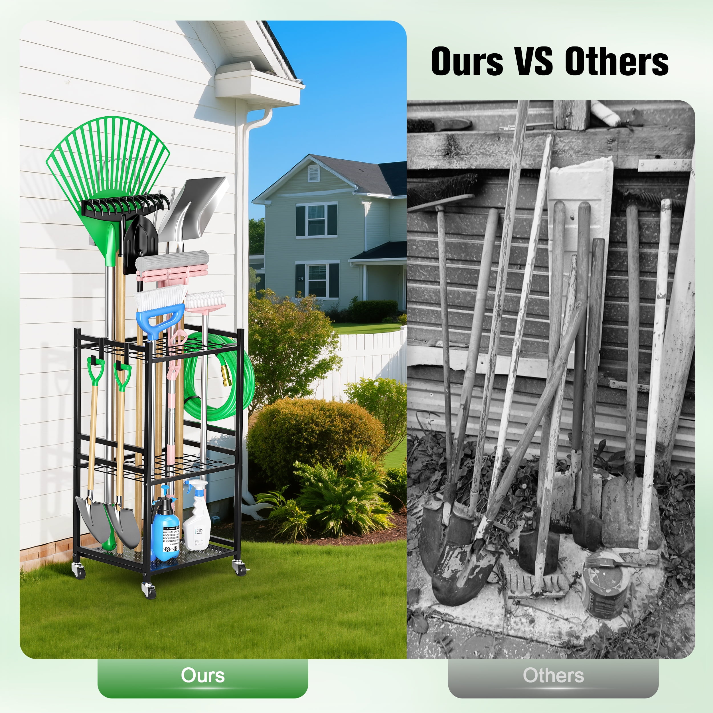 RELOIVE Garden Tool Organizer With Wheels, Yard Tower Rack for Garage Storage, Up to 35 Long-Handled Tools, Sturdy Metal Steel Holder With 3 Hooks, Outdoor, Black