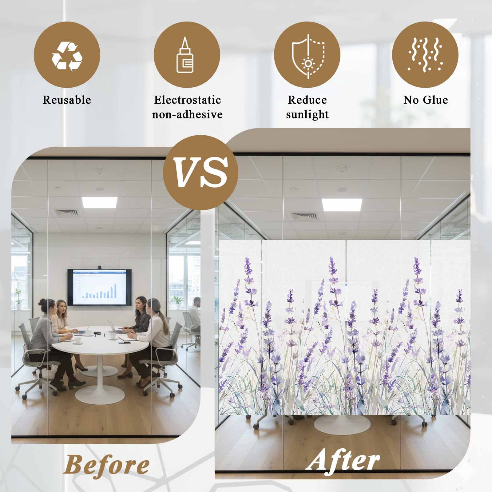 Lavender Floral Window Privacy Film, Spring Flowers Botanical Plants Static Cling UV Sun Blocking Tint Film Heat Control Windows Films for Bedroom Bathroom, Window Stickers 23.6"x59"