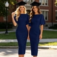 thumbnail image 5 of Bysome Women Dresses Solid Color Short Sleeve Boat Neck Waist Cinching Dress Summer Breathable Women Dress Size M Navy, 5 of 5