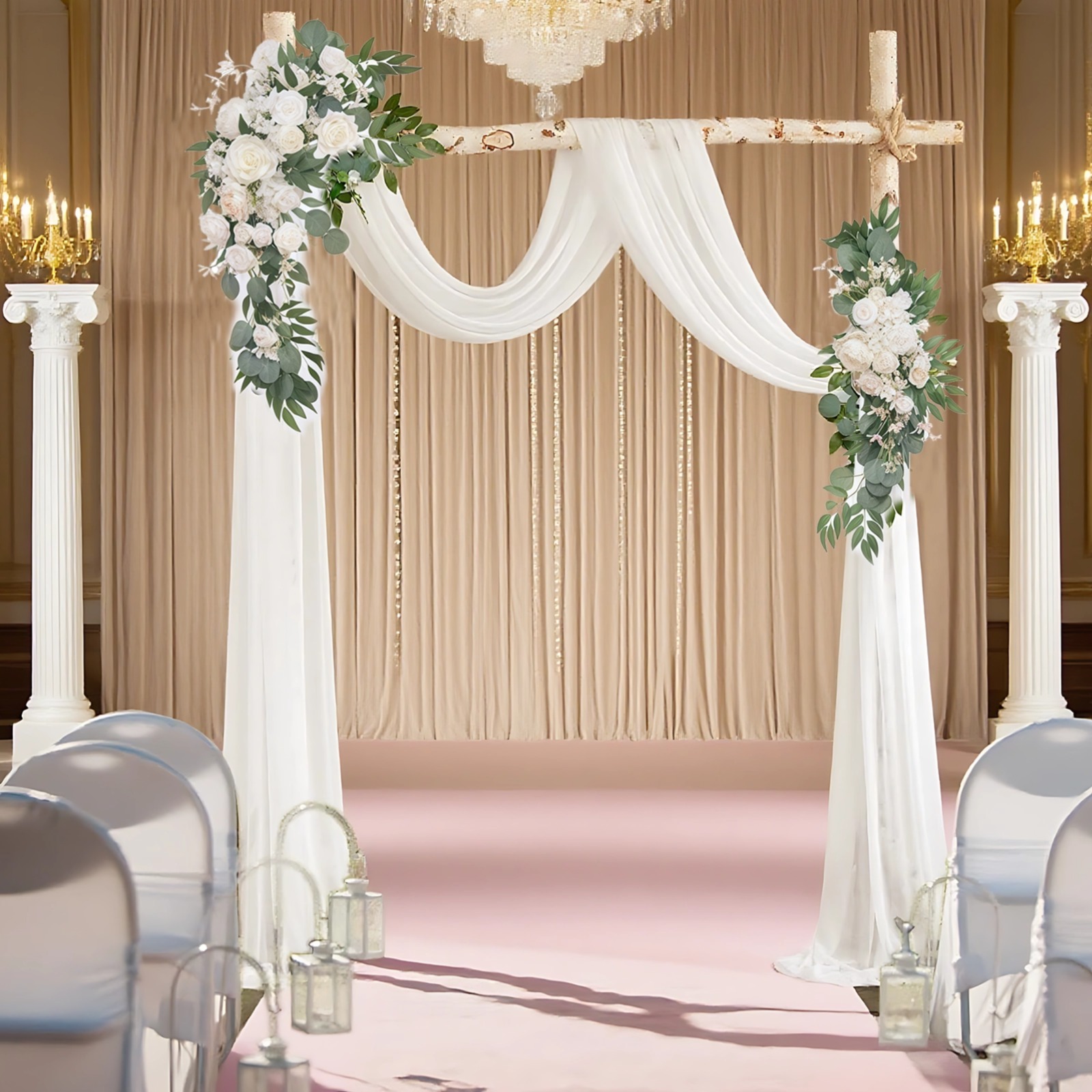 Artificial Flowers for Wedding Arch Kit, 3 Pcs Ivory Green Floral Corner, Sheer Drape, Chiffon Gauze, Wedding Arbor, Ceremony and Reception Backdrop Decor