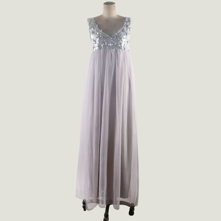knee length dresses for ladies Momyknows Apricot Sequin Tassel Tulle Ruched Cross Chest Multi Way Tie Back V-Neck Elegant Boho Photoshoot Maternity Maxi Dress Apricot / XL main image 0