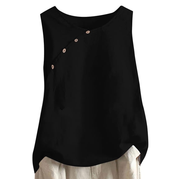 QUINDOS Tank Tops for Women 2025 Yoga Summer Black Cotton Fashion Casual Sleeveless Button Round Neck Solid Button Tank Tops Camisoles for Women