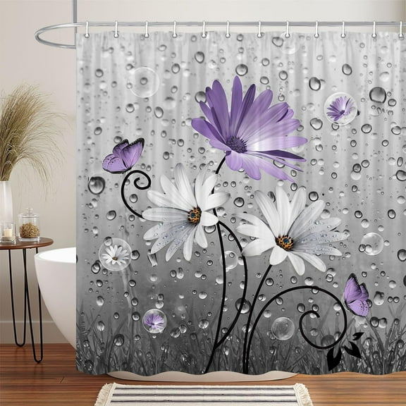 Farmhouse Purple Floral Shower Curtain, Farm Daisy Flowers and Butterfly Shower Curtain for Bathroom, Country Violet Gray Fabric Boho Shower Curtain Set with 12PCS Hooks, 60X70IN