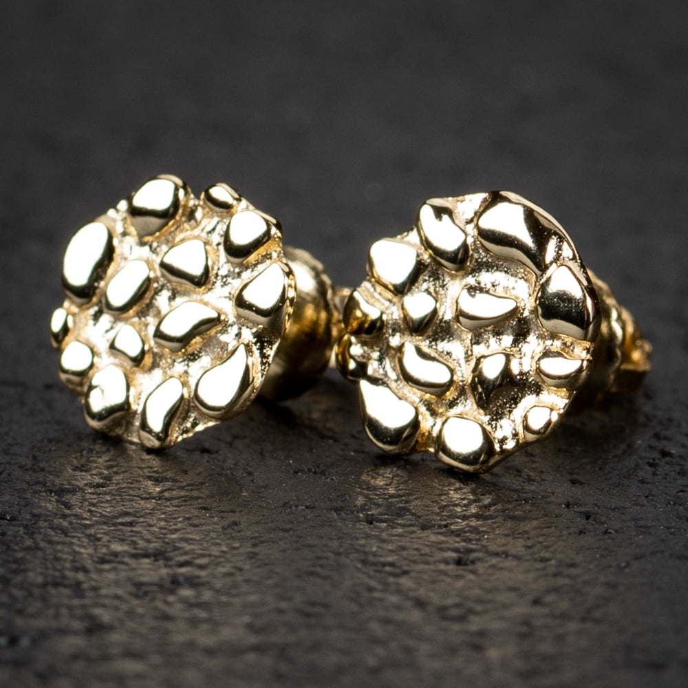 Small Round Shape 14K Yellow Gold Plated Solid 925 Sterling Silver Screw Back Post Men's Circle 90's Old School Retro Nugget Hip Hop Stud Earrings