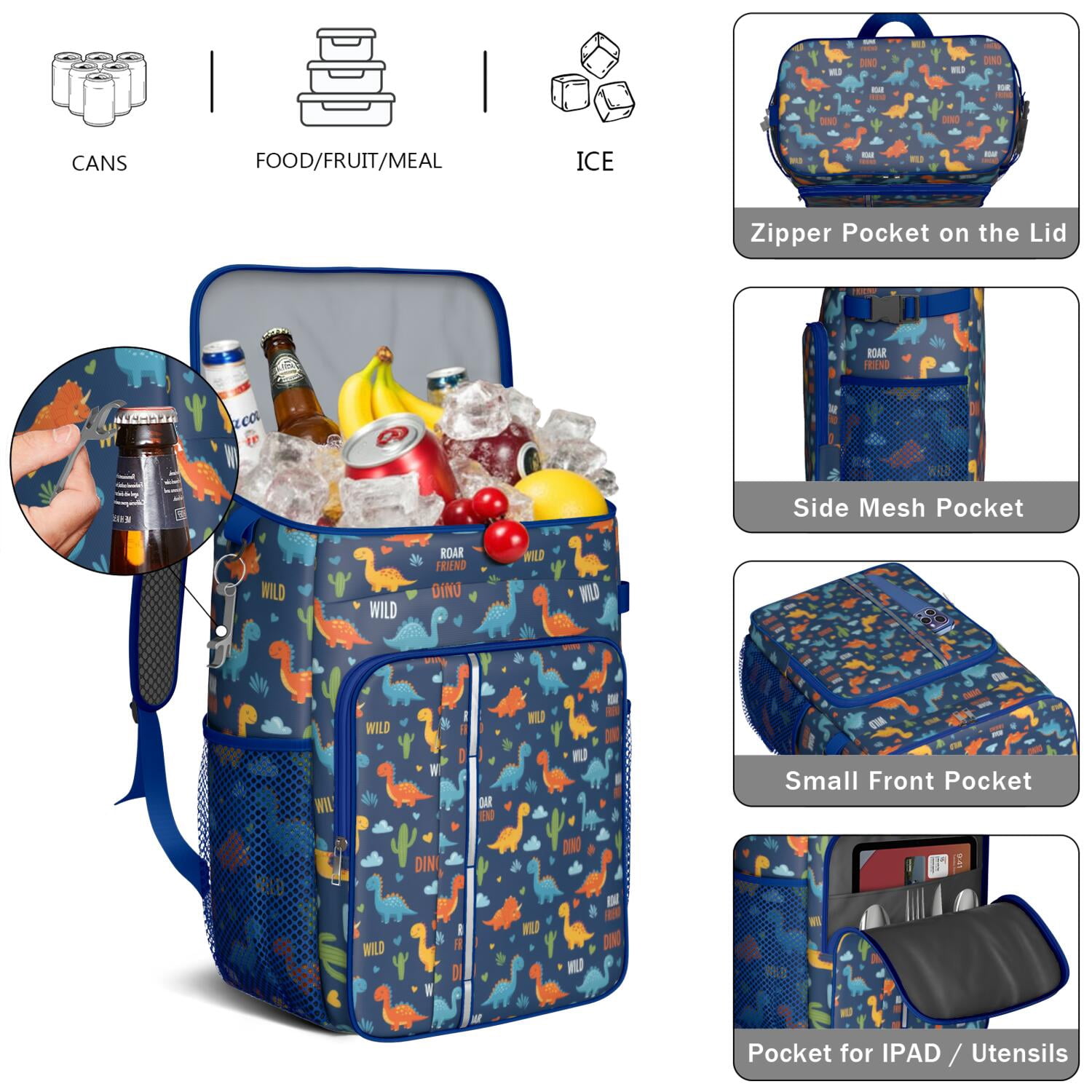 Travel Cooler Bag - Blue Dinosaurs with Clouds and Text Camping Beer Cooler Backpack with Bottle Opener- Waterproof Insulated Picnic Backpacks - Cooler Bag for Beach