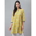 thumbnail image 3 of Janasya Yellow Cotton Floral Printed Mandarin Collar 3/4th Sleeve Empire Style Tunic, 3 of 8