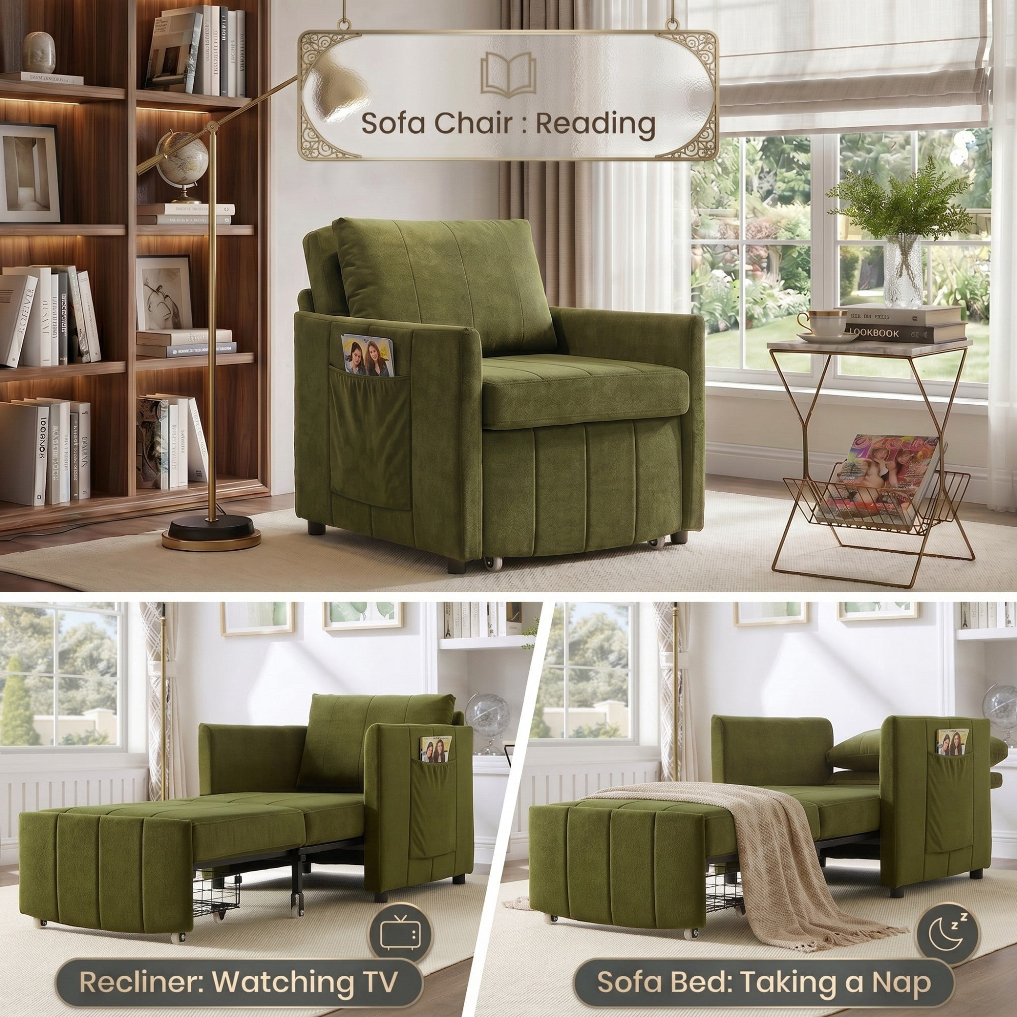 Sailvan 31.5" Convertible Pull Out Sofa Bed, Adjustable Chenille Sleeper Chair with Storage Green