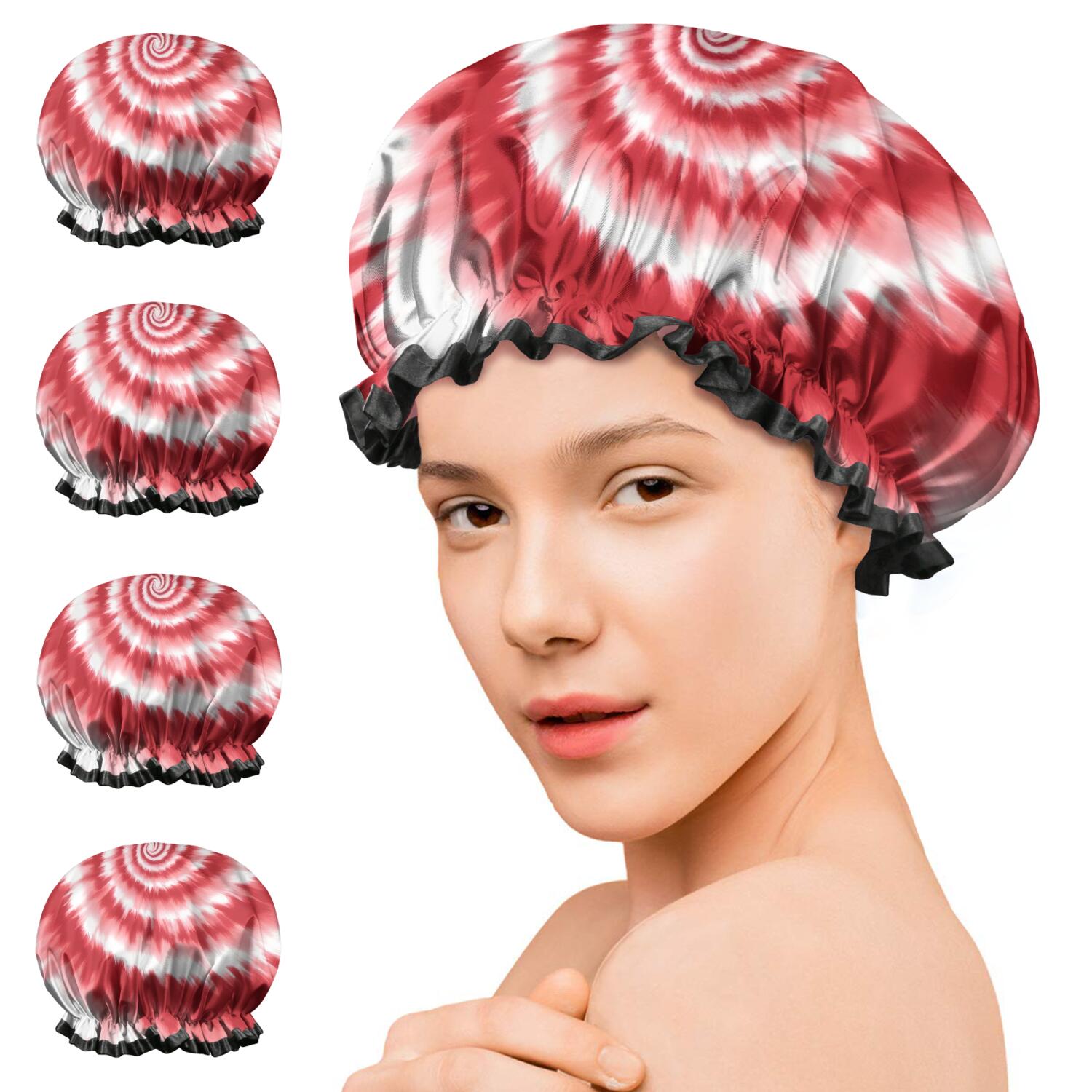 Shower Caps,Red White Tie Dye Spiral Pattern Waterproof Shower Cap for Women 4 Pieces,Double Reusable Hair Cover for Shower PEVA Elastic Stretch Hem