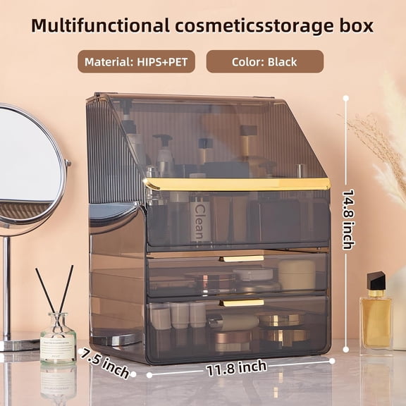 Large 3-Tier Makeup Organizer with Drawers and Lipstick Holder, Dustproof Waterproof Skincare Storage Box for Bathroom Countertop, Vanity Cosmetic Organizer,Clear Black