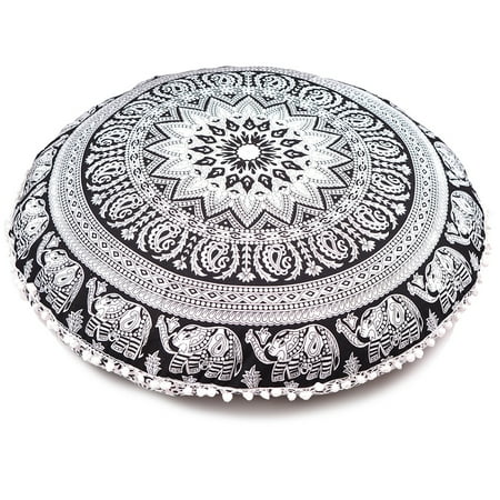- Black and White Floor Cushion Cover Hippie Boho Round Floor Cases Elephant Throw Decorative Mandala Pillow Cushion Cover 32