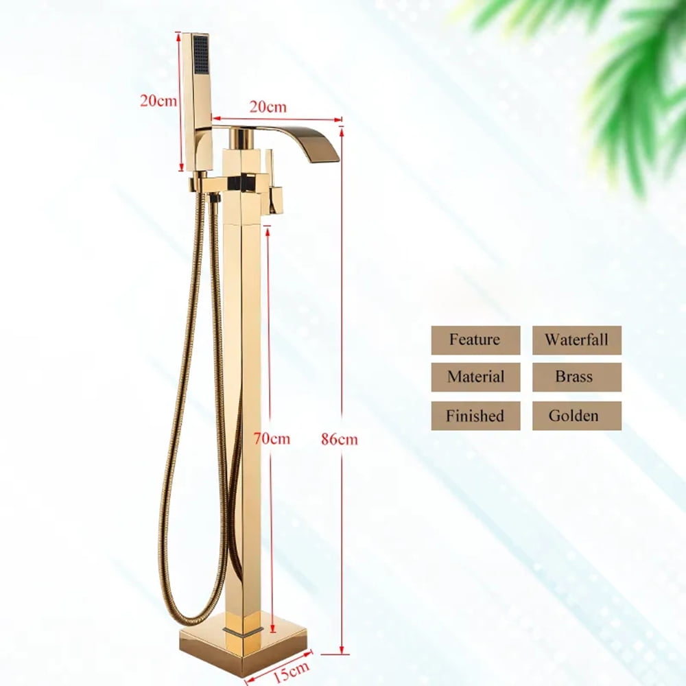 Gold Freestanding Bathtub Faucet Tub Filler Floor Mounted Hand Shower Mixer