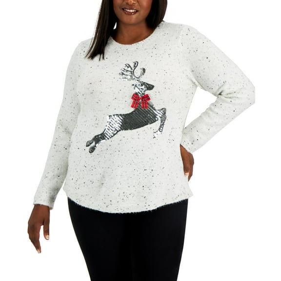 Plus Size Sequined Reindeer Sweater Winter White Neps 2X