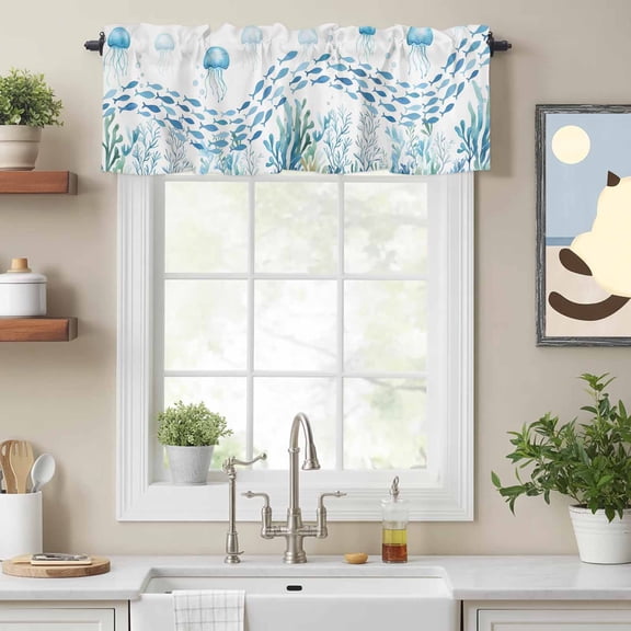 Underwater Life Octopus Fish Seaweed Valances for Windows,Kitchen Valance Rod Pocket Short Curtain, Marine Theme Coral Valance Curtain Window Valances for Bedroom Bathroom Living Room 54x18in