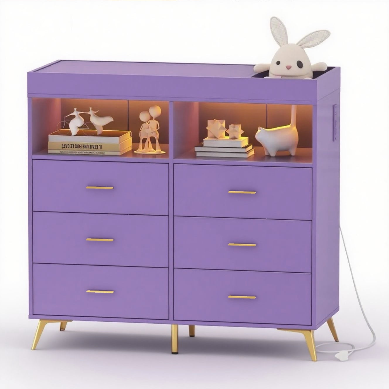 Baby Changing Table Dresser with 6 Drawers, Baby Nursery Dresser, LED Lights & Charging Station – Multifunctional Nursery Dresser with Removable Changing Top, Anti-Tip Design