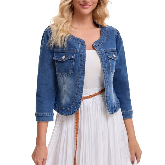 Women's Denim Jacket Collarless 2026 Cardigan Long Sleeve Jean Jackets M Blue