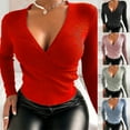 thumbnail image 3 of Gvmfive Women Solid Sexy V-Neck Long Sleeve T-Shirt Skinny Knitted Top, 3 of 4