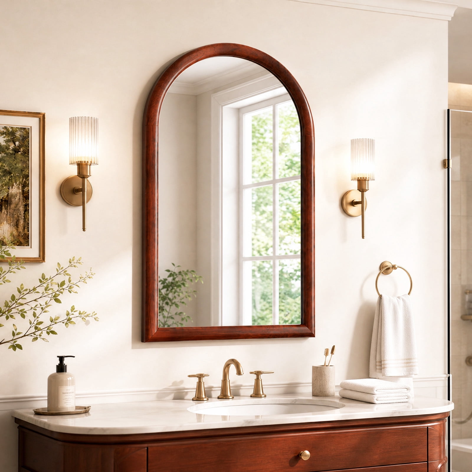 Easy4Home 36" x 24" Arched Bathroom Mirror Wall Decor with Wooden Frame, Walnut