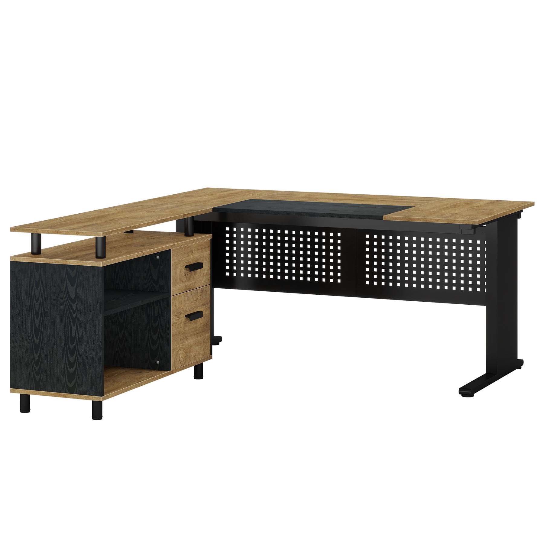 Finmind Executive Desk with File Cabinet, 63 inch L Shaped Computer Desk with Drawers and Storage Shelves for Home Office, Wood Color and Black