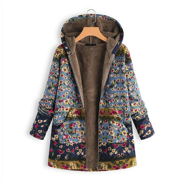 Women Winter Coat Floral Printed Hooded with Pockets Warm Fleece Button Coat Long Sleeve Jacket