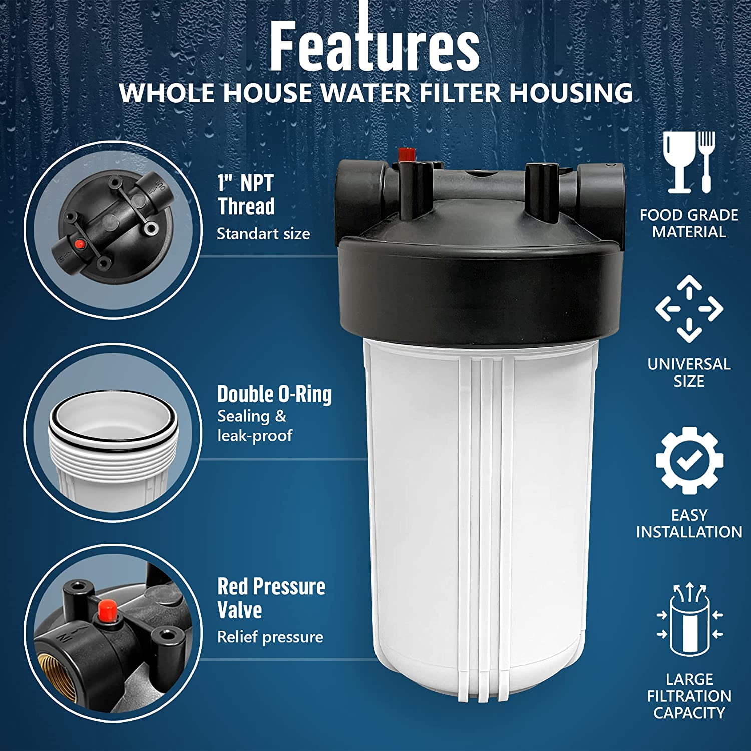 High Capacity 10 x 4.5” Whole House Filter Purifier System for Well or City Water, Presser Relief Button, 1” NPT Brass Port, Double O-ring, Meets NSF Standards & Regulations (White, 3 Sets)