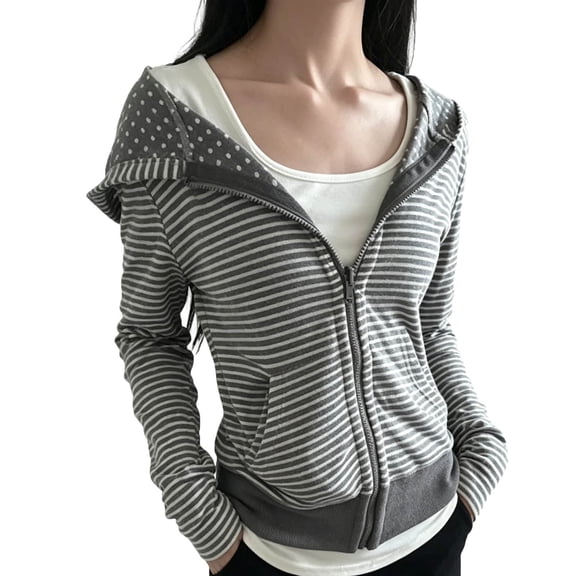 Women Striped Polka Dot Print Zip Up Hooded Jacket, Long Sleeve Hoodie Coat with Side Pockets, Casual Slim Fit Outerwear Top for Daily Street Style Dark Gray XL(XL)