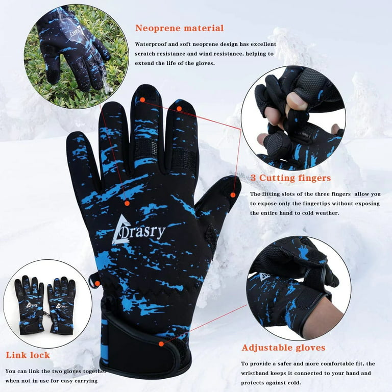 Drasry Neoprene Gloves Touchscreen 3 Cut Fingers Warm Cold Man Woman Winter Fishing Glove Blue XXL, adult Unisex, Size: 2XL