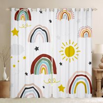 Homewish Cartoon Rainbow Sun Curtains Pack of 2 (42x84 Each),Cute Stars Print Curtains Blackout,White Red Yellow Bedroom Curtains For Teens,Breathable Home Decor