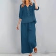 thumbnail image 3 of Womens 2 Piece Sets Cotton Linen Boho Embroidered Tops Wide Leg Palazzo Pants Matching Summer Casual Gauze Outfits,Navy,L, 3 of 9