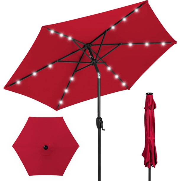 JJUN 7.5ft Outdoor Solar Patio Umbrella for Deck, Pool w/Tilt, Crank, LED Lights